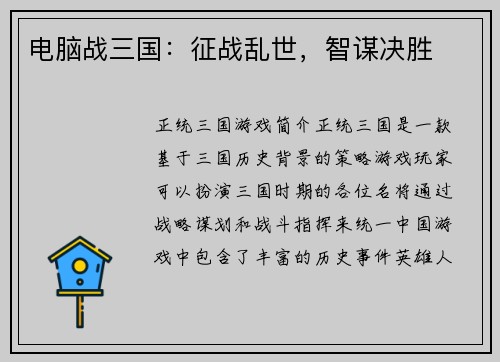 电脑战三国：征战乱世，智谋决胜